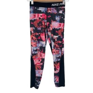 Nike Pro Girls Floral Print Compression Tights Hyper Crimson Size Medium